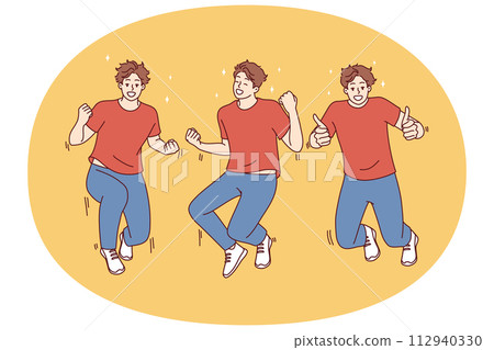 Jumping young man making winning gestures feeling joy and happiness from winning bet. Vector image 112940330