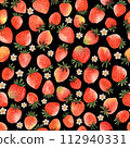 Seamless pattern with hand drawn watercolour strawberries on black background. Fresh delicious fruits wallpaper for textile, wrapping paper 112940331