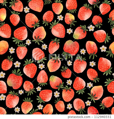 Seamless pattern with hand drawn watercolour strawberries on black background. Fresh delicious fruits wallpaper for textile, wrapping paper 112940331