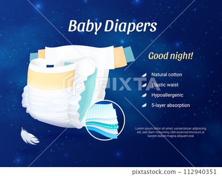 Diapers poster. Baby disposable panties for night sleep, realistic diaper advertising creative banner, clean toddler underwear concept child 112940351