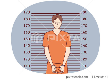 Man in handcuffs and orange prison clothes stands near lines for measuring height. Vector image Man in handcuffs and orange prison clothes stands near lines for measuring height. Vector image 112940352