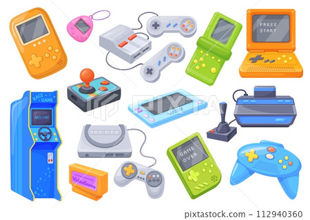 Retro videogame devices. Vintage game gadgets nintendo consoles, gamer controllers y2k gaming electronics technology 80s, hipster joystick remote control, neat vector illustration 112940360