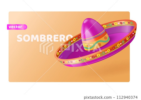 3d sombrero. Realistic mexican festival hat, traditional latin souvenir cinco de mayo day fiesta, mariachi disguise carnival holiday party fun cartoon isolated vector illustration 112940374