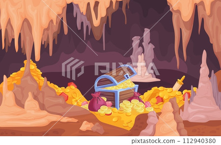 Treasure cave. Pirate chest with hidden money, jewelery pile gold coins in ancient wooden box, fairytale treasury golden cash gems at underground mine cartoon vector illustration Treasure cave. Pirate chest with hidden money, jewelery pile gold coins in ancient wooden box, fairytale treasury golden cash gems at underground mine cartoon vector illustration 112940380