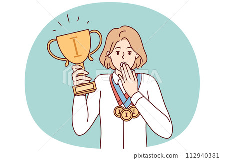 Puzzled woman with cup and medals of winner of sports olympiad covers mouth with hand. Vector image Puzzled woman with cup and medals of winner of sports olympiad covers mouth with hand. Vector image 112940381