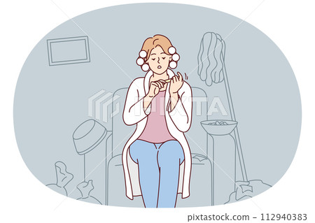 Carefree woman sits on armchair taking care of nails ignoring garbage in apartment. Vector image Carefree woman sits on armchair taking care of nails ignoring garbage in apartment. Vector image 112940383