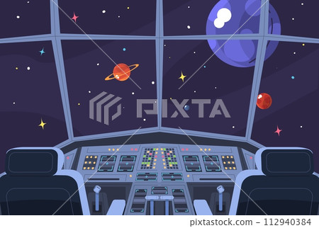 Spaceship cockpit. Interstellar spacecraft cabin inside, futuristic rocket shuttle in alien galaxy space mission, cosmos ship jet control panel cartoon interior vector illustration 112940384
