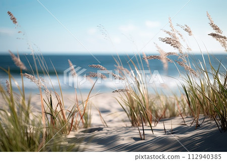 AI-generated content. close up of a nordic beach near some grass and sand 112940385