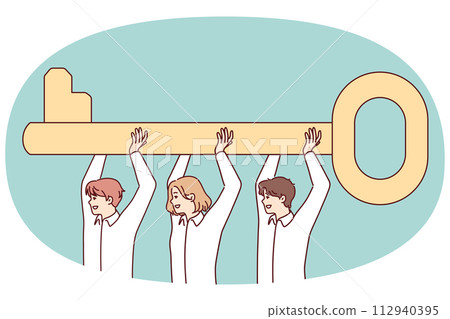 Team workers raises huge key above their heads, symbolizing joint solution of problem. Vector image 112940395