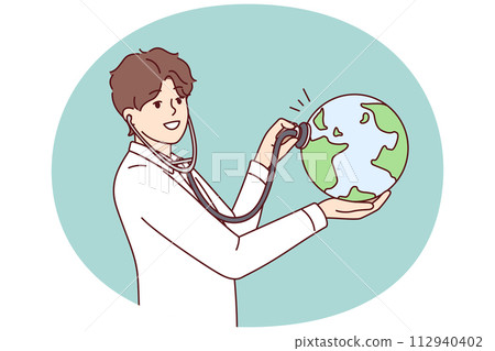 Man doctor applies stethoscope to globe demonstrating care for ecology and nature. Vector image Man doctor applies stethoscope to globe demonstrating care for ecology and nature. Vector image 112940402
