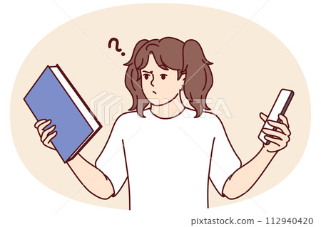Teenage girl choose between book and phone to read favorite art story. Vector image 112940420
