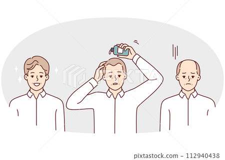 Man using hair growth gel rejoices after seeing good result of cosmetic product. Vector image 112940438