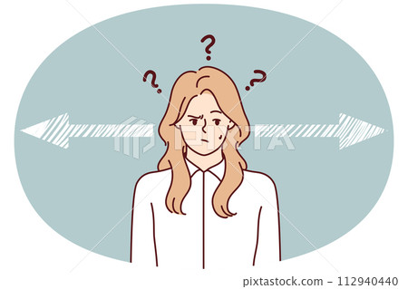 Woman near arrows pointing in different directions for hard decision concept. Vector image 112940440