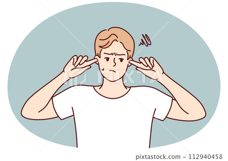 Offended guy closes ears does not want to hear toxic words or insults from girlfriend. Vector image 112940458
