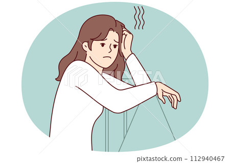 Sad woman leans on railing and looks into distance after quarrel with boyfriend. Vector image 112940467