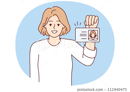 Positive woman shows badge with photo issued for use in office of corporation. Vector image 112940475