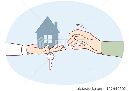 Hand realtor or homelord with key to new apartment stretches model of house to buyer. Vector image Hand realtor or homelord with key to new apartment stretches model of house to buyer. Vector image 112940502