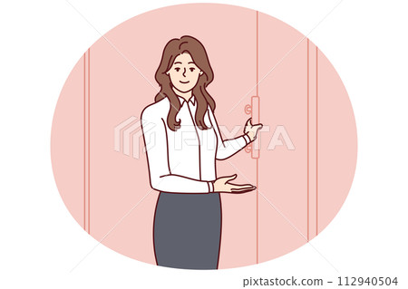 Hospitable woman secretary opens door invites visitors to come into office. Vector image 112940504