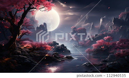 AI-generated content. Moonlit oriental landscape with sakura cherry trees and floating petals 112940535