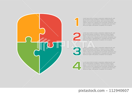 Diagram infographic 4 steps, shield puzzle Diagram infographic 4 steps, shield puzzle 112940607