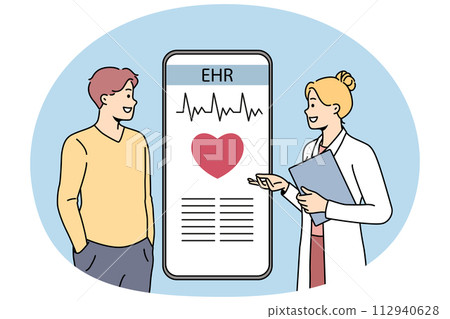 Doctor consult patient about EHR on cellphone Doctor consult patient about EHR on cellphone 112940628