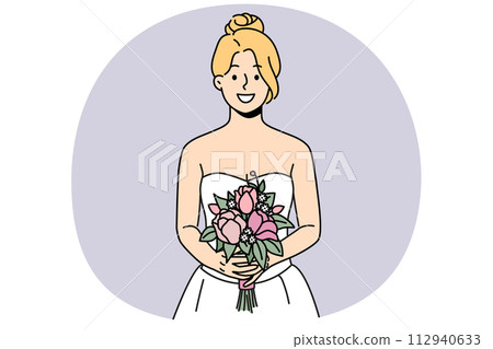 Smiling woman in wedding dress and bridal bouquet 112940633