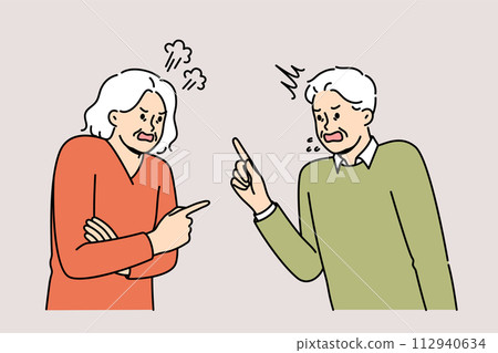Quarrel elderly man and woman expressing mutual complaints accumulated over years of marriage 112940634