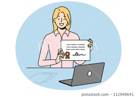 Smiling girl with certificate graduate online Smiling girl with certificate graduate online 112940641