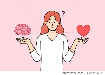 Woman tries to balance between getting education and romantic relationship, holding heart and brain 112940644