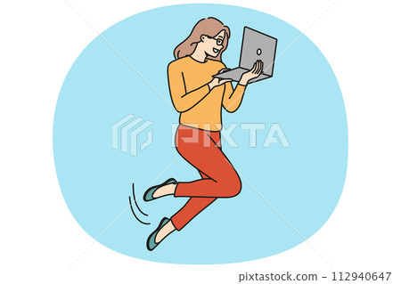 Businesswoman levitate in air work on computer 112940647