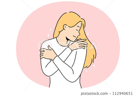 Smiling woman hug herself show selflove 112940651