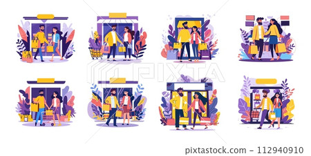 AI-generated content. Sale shopping scenes simple cartoon vector concepts. Man woman holding bags characters discounts promotions happy people, store entrance plants elements illustrations isolated on AI-generated content. Sale shopping scenes simple cartoon vector concepts. Man woman holding bags characters discounts promotions happy people, store entrance plants elements illustrations isolated on 112940910