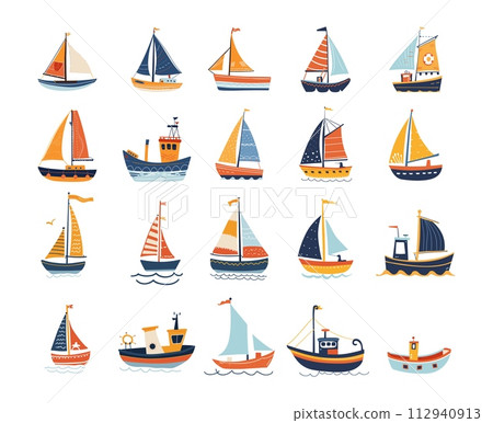 AI-generated content. Sailing yachts doodle vector set. Marine ships schooners vehicles boats simple design illustrations isolated on white background 112940913