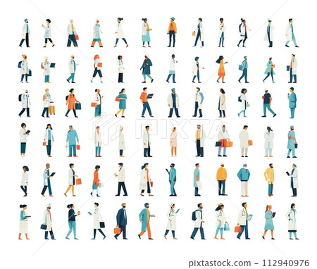 AI-generated content. Medical workers flat minimalistic big bundle. Doctors nurses paramedics medicine staff personnel different poses characters, simple design illustrations isolated on white 112940976