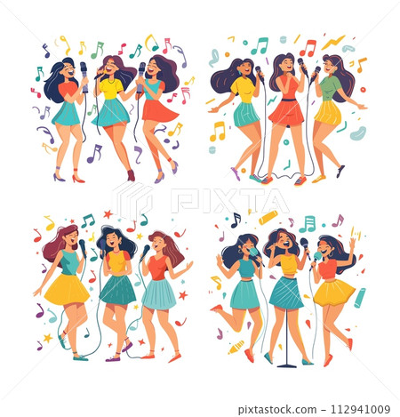 AI-generated content. Karaoke girls cartoon scene vector set. Positive joyful woman singing dressed holding microphones vocals dancing characters, musical notes symbols illustrations isolated on white 112941009