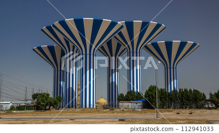 Blue and white water towers in Kuwait timelapse hyperlapse, Middle East Blue and white water towers in Kuwait timelapse hyperlapse, Middle East 112941033