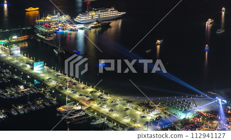 Aerial view from Dubai Marina night timelapse Aerial view from Dubai Marina night timelapse 112941127