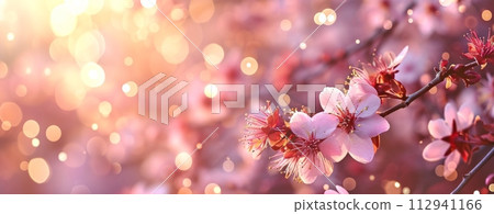 AI-generated content. Cherry blossom in spring. Beautiful nature scene with blooming tree and sun flare. 112941166