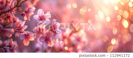 AI-generated content. Cherry blossom in spring. Beautiful nature scene with blooming tree and sun flare. 112941172