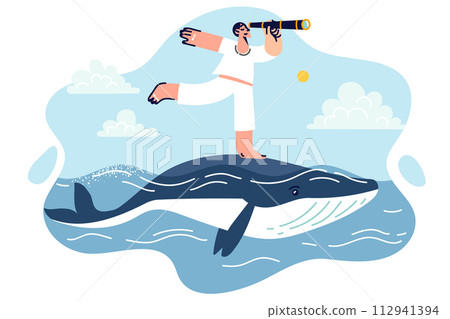 Traveler is looking for adventures by crossing sea on huge whale, and holding spyglass in hand 112941394