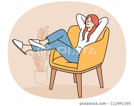 Happy young woman relax in chair Happy young woman relax in chair 112941395