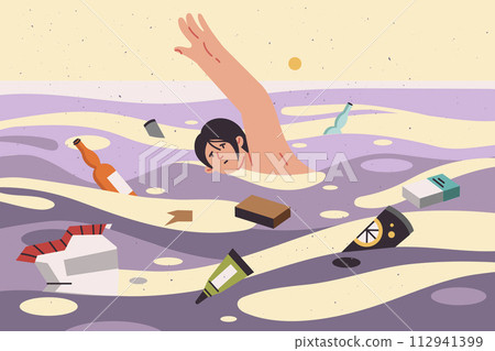 Woman swims in sea among garbage and plastic waste, for concept of problem of ocean pollution Woman swims in sea among garbage and plastic waste, for concept of problem of ocean pollution 112941399