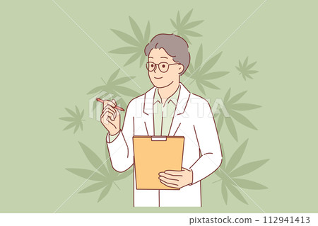 Cannabis legalization examined by man doctor in coat using clipboard for scientific experiments 112941413