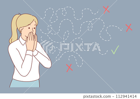 Woman makes difficult choice from several options, trying to make only right decision Woman makes difficult choice from several options, trying to make only right decision 112941414