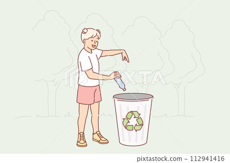 Little girl calls for plastic recycling by throwing bottle into bin with special symbol Little girl calls for plastic recycling by throwing bottle into bin with special symbol 112941416