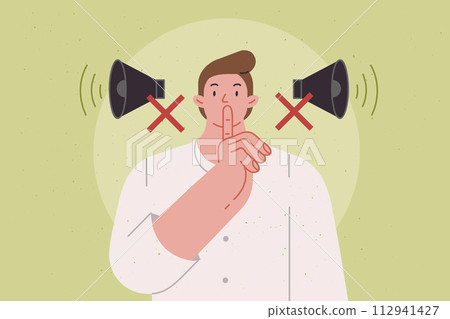 Man makes tss gesture urging him to switch phone to airplane mode and speak in whisper Man makes tss gesture urging him to switch phone to airplane mode and speak in whisper 112941427