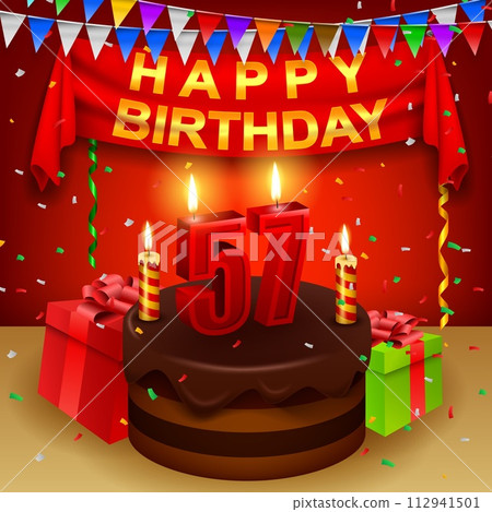 Happy 57th Birthday with chocolate cream cake and triangular flag, Vector Illustration 112941501