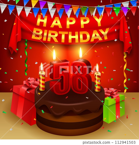 Happy 58th Birthday with chocolate cream cake and triangular flag, Vector Illustration 112941503