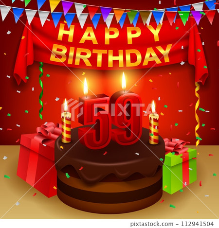 Happy 59th Birthday with chocolate cream cake and triangular flag, Vector Illustration 112941504