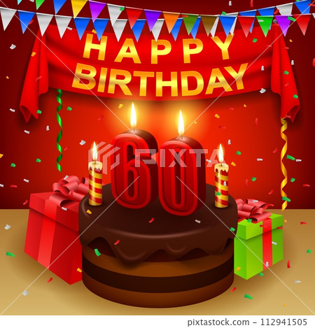 Happy 60th Birthday with chocolate cream cake and triangular flag, Vector Illustration 112941505